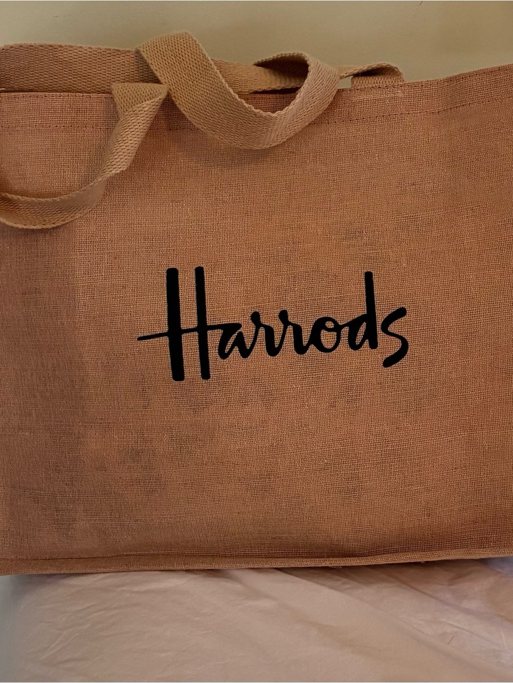 Harrods Beige Jute Tote with Black Logo